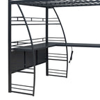 Cama alta de metal con escritorio en forma de L, estantes, enchufes, puertos USB y carga inalámbrica