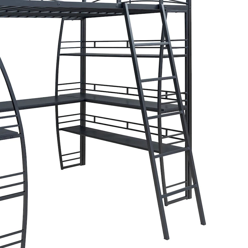 Cama alta de metal con escritorio en forma de L, estantes, enchufes, puertos USB y carga inalámbrica