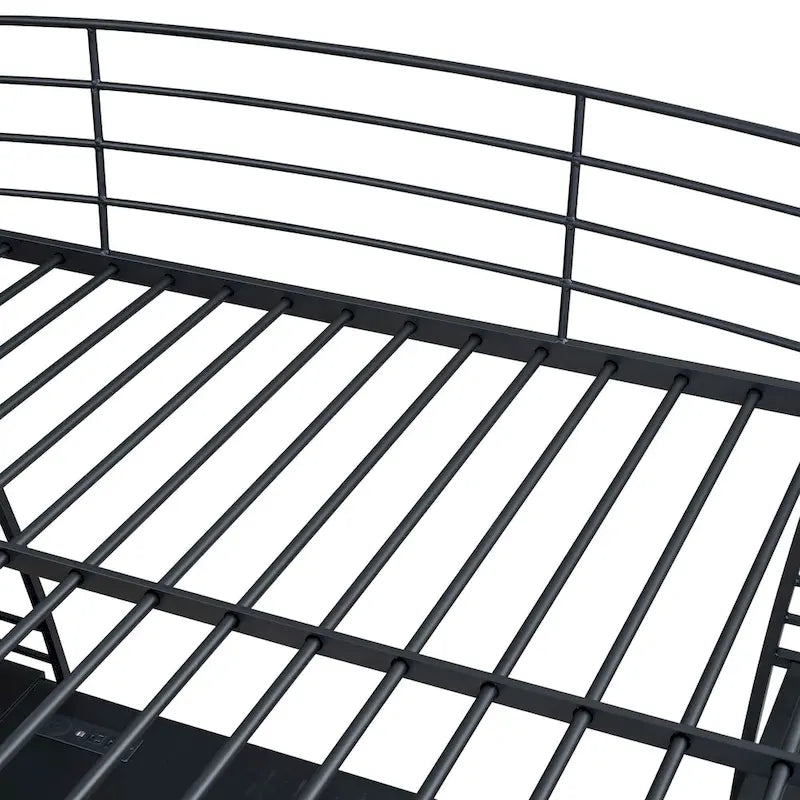 Cama alta de metal con escritorio en forma de L, estantes, enchufes, puertos USB y carga inalámbrica
