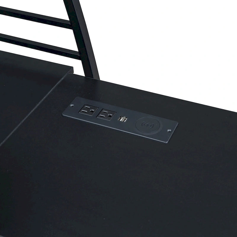 Cama alta de metal con escritorio en forma de L, estantes, enchufes, puertos USB y carga inalámbrica