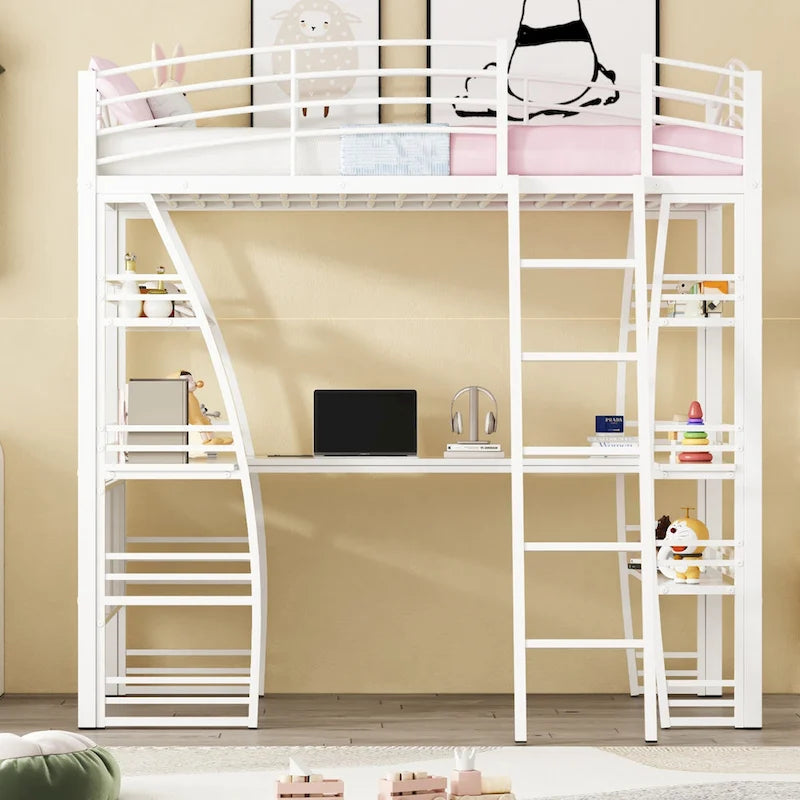 Cama alta de metal con escritorio en forma de L, estantes, enchufes, puertos USB y carga inalámbrica