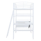 Cama alta de metal con escritorio en forma de L, estantes, enchufes, puertos USB y carga inalámbrica
