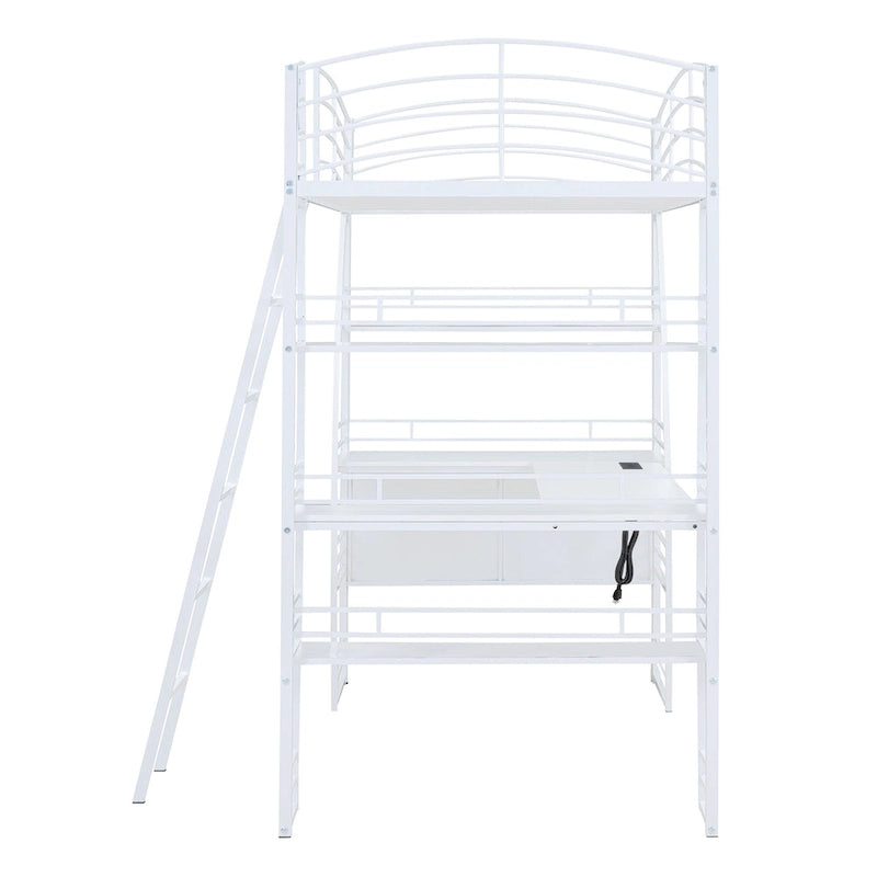 Cama alta de metal con escritorio en forma de L, estantes, enchufes, puertos USB y carga inalámbrica