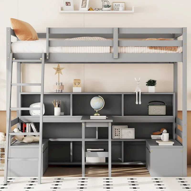 Litera doble con estantes, escalera y cajones de almacenamiento | Dormitorio infantil