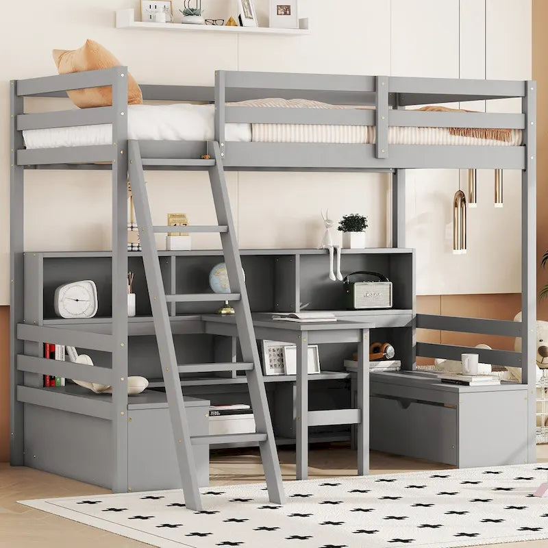Litera doble con estantes, escalera y cajones de almacenamiento | Dormitorio infantil