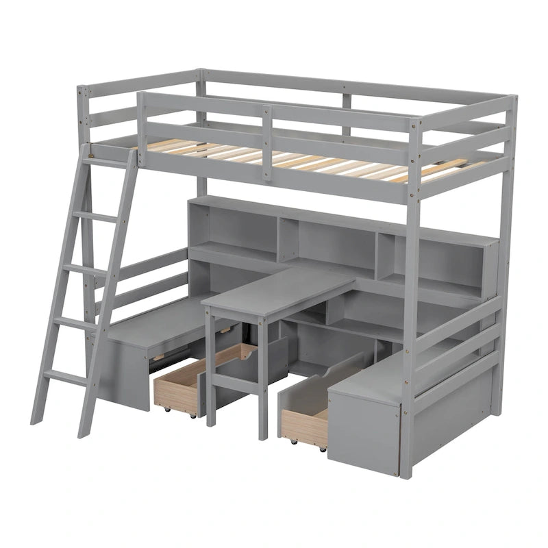 Litera doble con estantes, escalera y cajones de almacenamiento | Dormitorio infantil