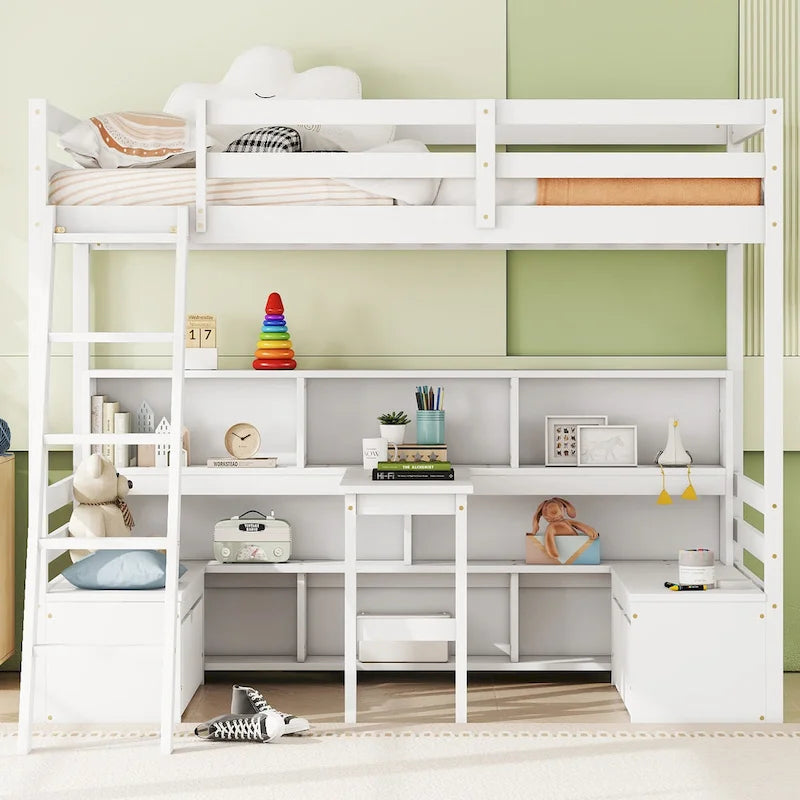 Litera doble con estantes, escalera y cajones de almacenamiento | Dormitorio infantil