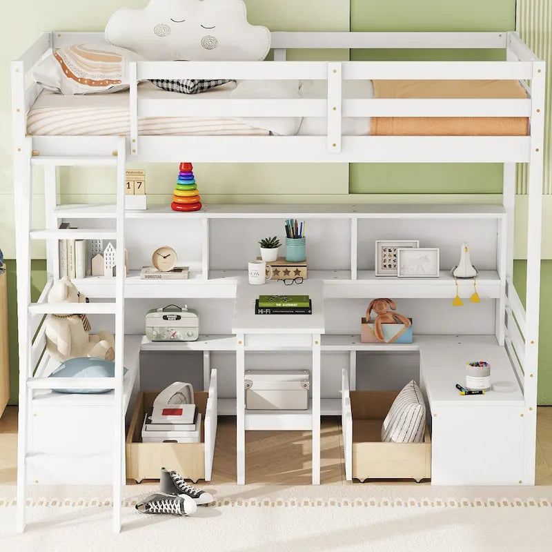 Litera doble con estantes, escalera y cajones de almacenamiento | Dormitorio infantil