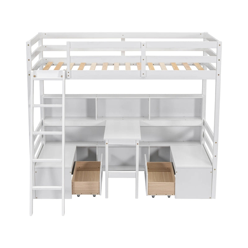 Litera doble con estantes, escalera y cajones de almacenamiento | Dormitorio infantil