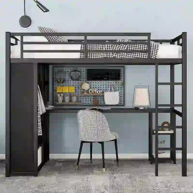 Cama loft individual XL negra con armario, escritorio y estantes de almacenamiento incorporados, diseño que ahorra espacio