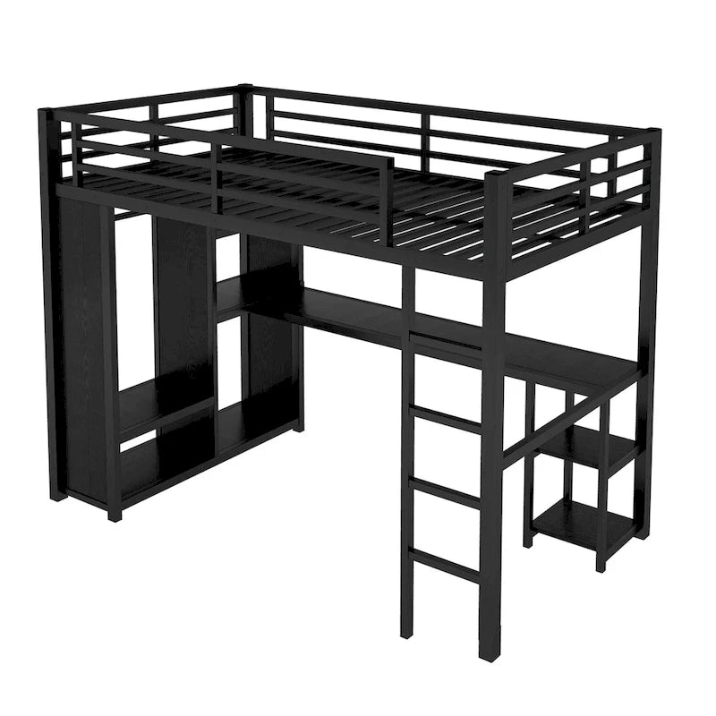 Cama loft individual XL negra con armario, escritorio y estantes de almacenamiento incorporados, diseño que ahorra espacio
