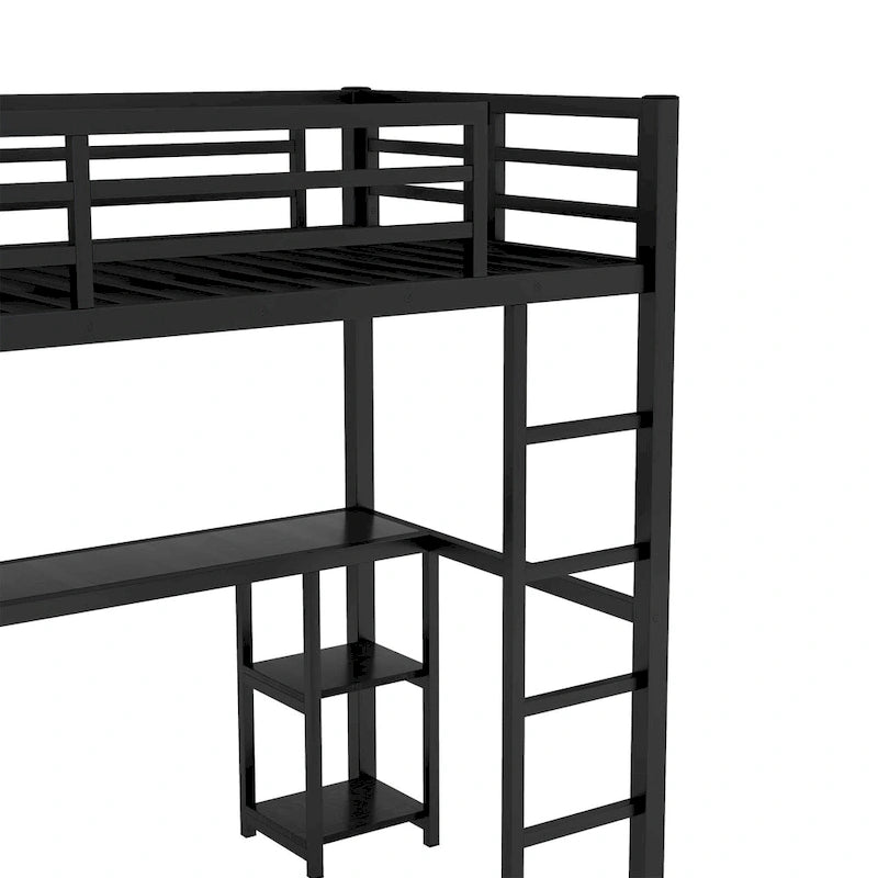 Cama loft individual XL negra con armario, escritorio y estantes de almacenamiento incorporados, diseño que ahorra espacio