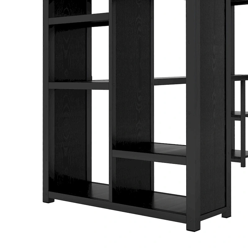 Cama loft individual XL negra con armario, escritorio y estantes de almacenamiento incorporados, diseño que ahorra espacio