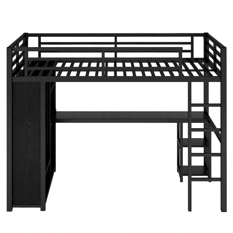 Cama loft individual XL negra con armario, escritorio y estantes de almacenamiento incorporados, diseño que ahorra espacio