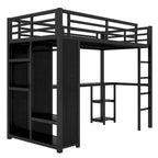 Cama loft individual XL negra con armario, escritorio y estantes de almacenamiento incorporados, diseño que ahorra espacio