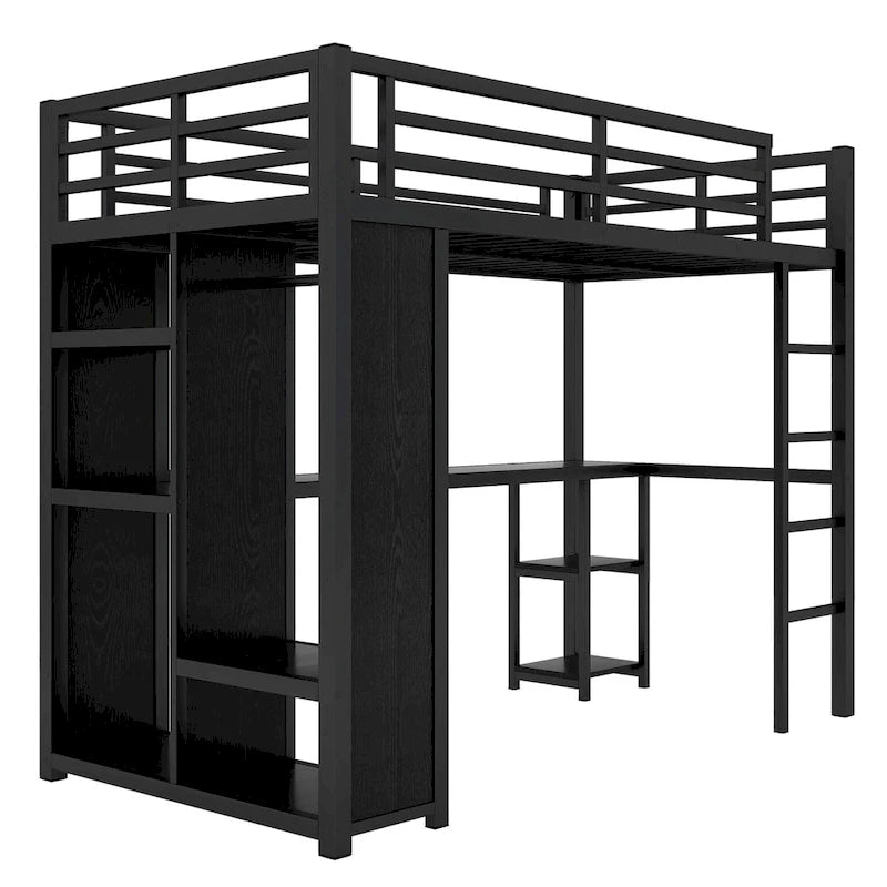 Cama loft individual XL negra con armario, escritorio y estantes de almacenamiento incorporados, diseño que ahorra espacio