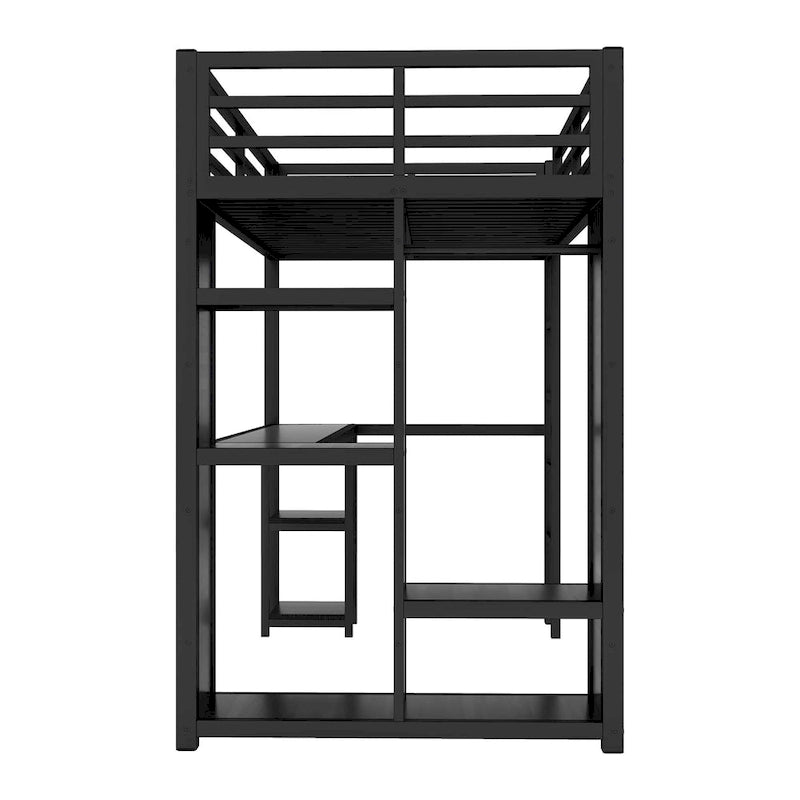 Cama loft individual XL negra con armario, escritorio y estantes de almacenamiento incorporados, diseño que ahorra espacio