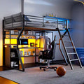 Cama alta de metal para gaming, tamaño matrimonial, con escritorio, luces LED, armario abierto y almacenamiento, color negro | 158 kg