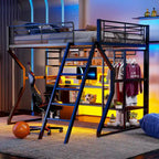Cama alta de metal para gaming, tamaño matrimonial, con escritorio, luces LED, armario abierto y almacenamiento, color negro | 158 kg