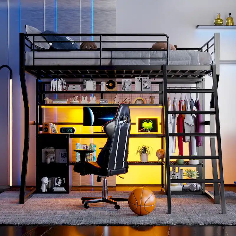 Cama alta de metal para gaming, tamaño matrimonial, con escritorio, luces LED, armario abierto y almacenamiento, color negro | 158 kg
