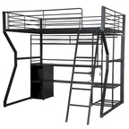 Cama alta de metal para gaming, tamaño matrimonial, con escritorio, luces LED, armario abierto y almacenamiento, color negro | 158 kg