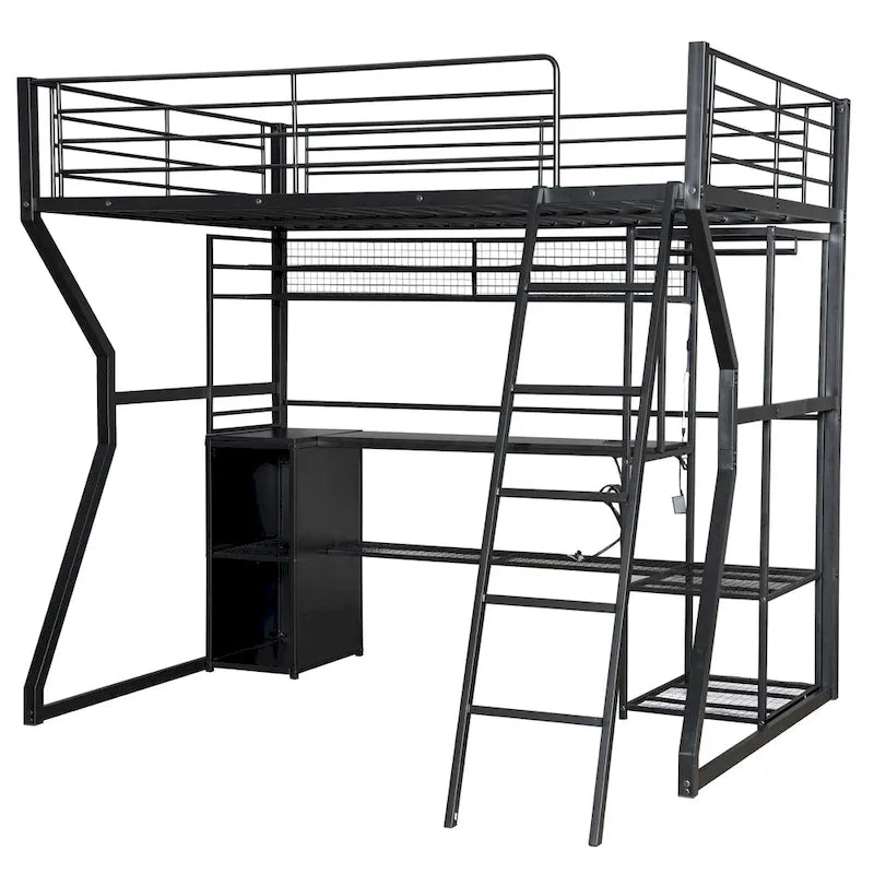 Cama alta de metal para gaming, tamaño matrimonial, con escritorio, luces LED, armario abierto y almacenamiento, color negro | 158 kg