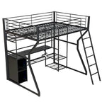 Cama alta de metal para gaming, tamaño matrimonial, con escritorio, luces LED, armario abierto y almacenamiento, color negro | 158 kg