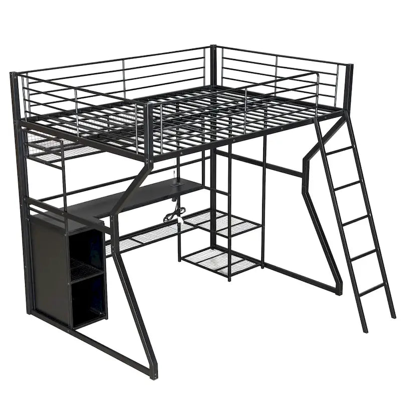 Cama alta de metal para gaming, tamaño matrimonial, con escritorio, luces LED, armario abierto y almacenamiento, color negro | 158 kg