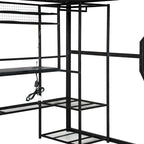 Cama alta de metal para gaming, tamaño matrimonial, con escritorio, luces LED, armario abierto y almacenamiento, color negro | 158 kg