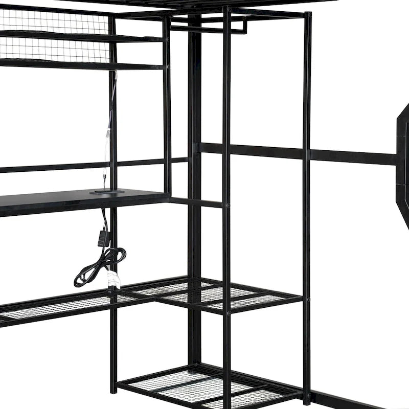 Cama alta de metal para gaming, tamaño matrimonial, con escritorio, luces LED, armario abierto y almacenamiento, color negro | 158 kg