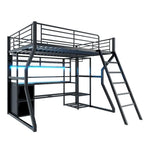 Cama alta de metal para gaming, tamaño matrimonial, con escritorio, luces LED, armario abierto y almacenamiento, color negro | 158 kg