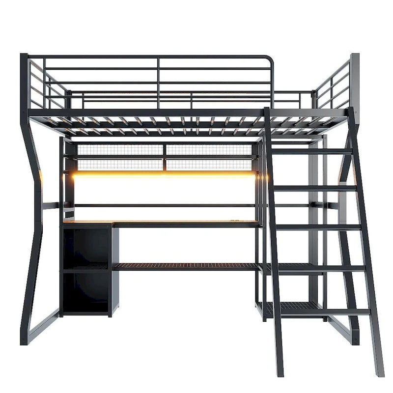 Cama alta de metal para gaming, tamaño matrimonial, con escritorio, luces LED, armario abierto y almacenamiento, color negro | 158 kg