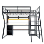 Cama alta de metal para gaming, tamaño matrimonial, con escritorio, luces LED, armario abierto y almacenamiento, color negro | 158 kg
