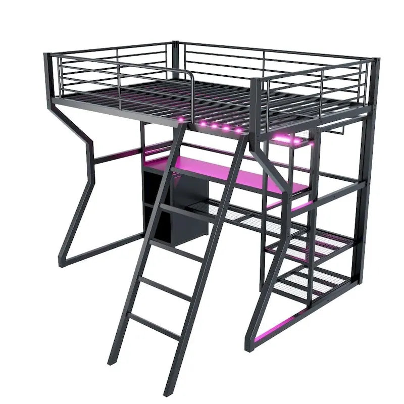 Cama alta de metal para gaming, tamaño matrimonial, con escritorio, luces LED, armario abierto y almacenamiento, color negro | 158 kg
