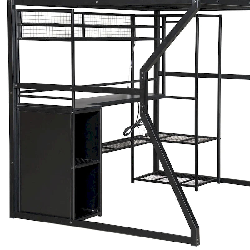 Cama alta de metal para gaming, tamaño matrimonial, con escritorio, luces LED, armario abierto y almacenamiento, color negro | 158 kg