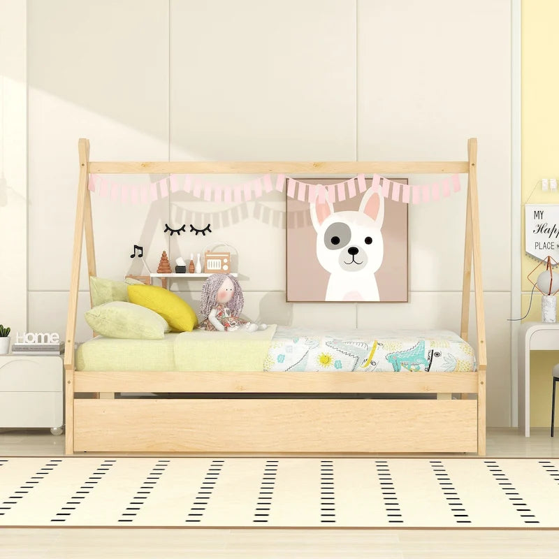 Cama tipo tienda de campaña de tamaño individual con nido