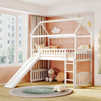Cama alta con tobogán y valla, Cama con forma de casa con tobogán