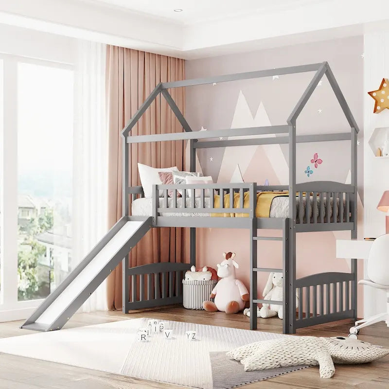 Cama alta con tobogán y valla, Cama con forma de casa con tobogán