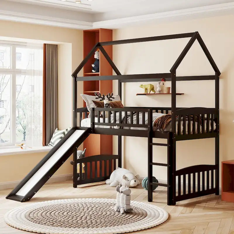 Cama alta con tobogán y valla, Cama con forma de casa con tobogán