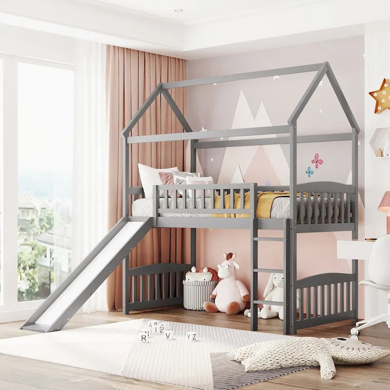 Cama alta con tobogán y valla, Cama con forma de casa con tobogán