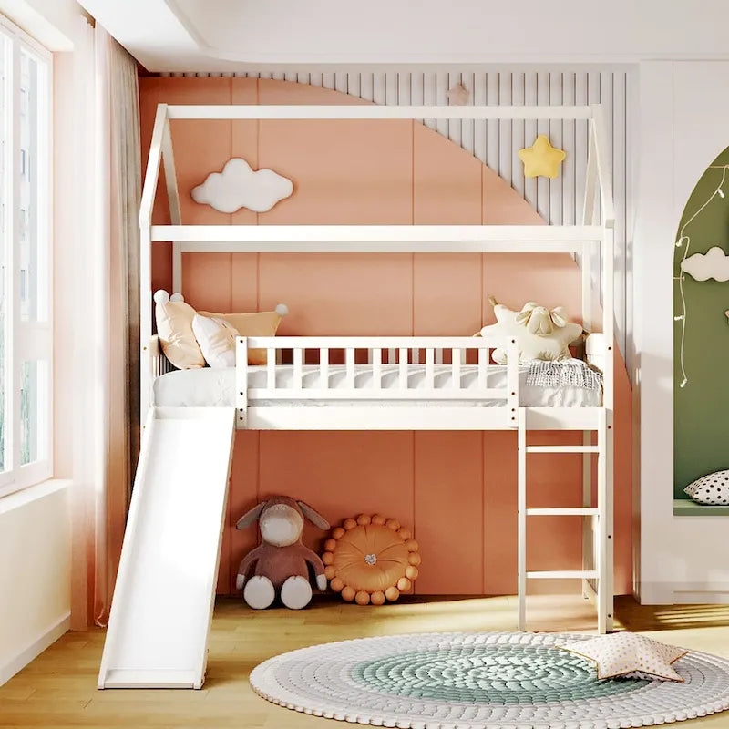 Cama alta con tobogán y valla, Cama con forma de casa con tobogán