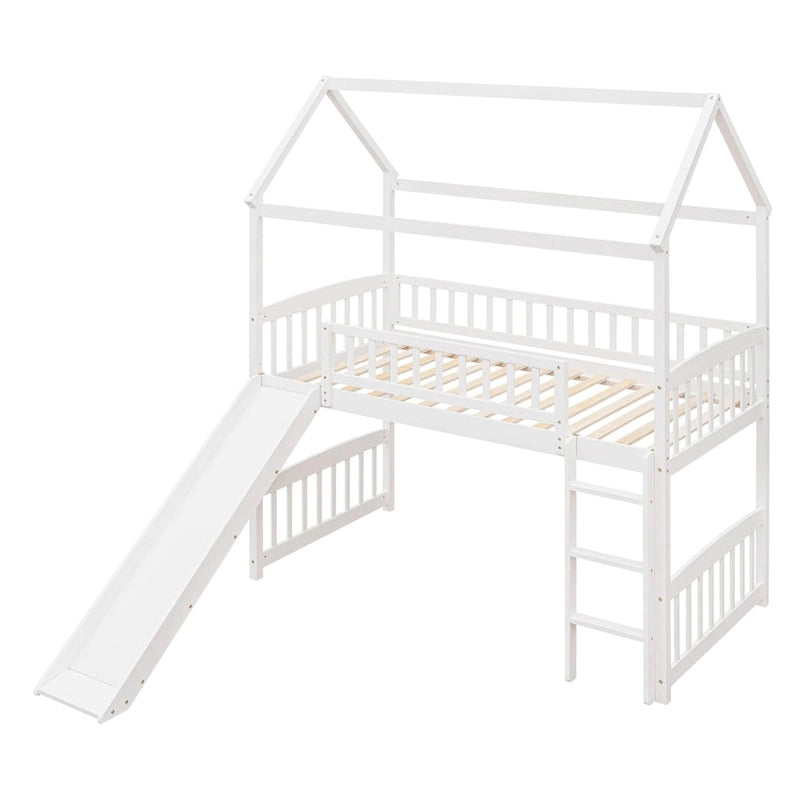 Cama alta con tobogán y valla, Cama con forma de casa con tobogán