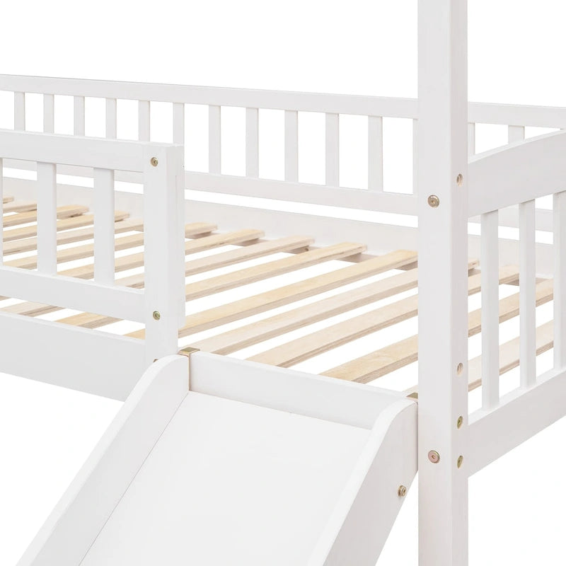 Cama alta con tobogán y valla, Cama con forma de casa con tobogán