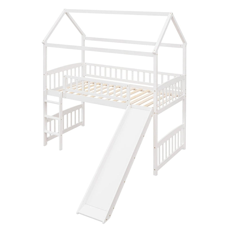 Cama alta con tobogán y valla, Cama con forma de casa con tobogán
