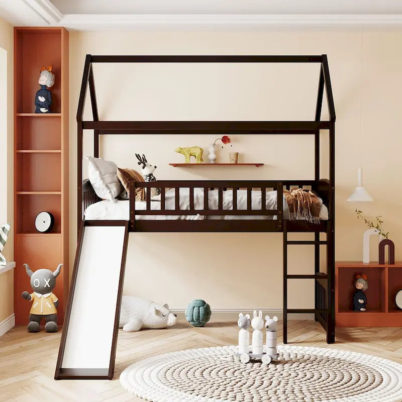 Cama alta con tobogán y valla, Cama con forma de casa con tobogán