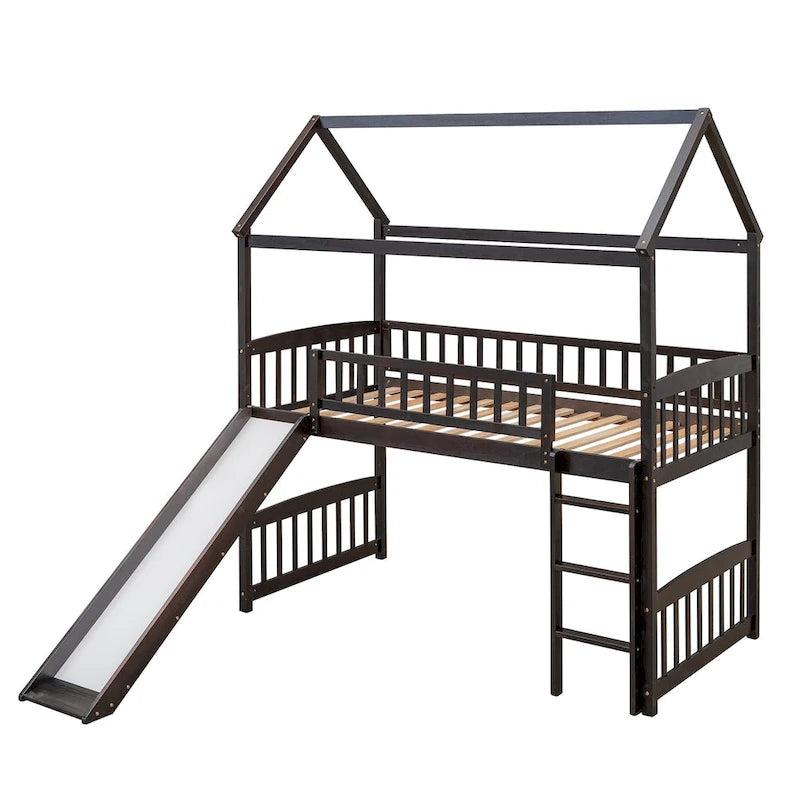 Cama alta con tobogán y valla, Cama con forma de casa con tobogán