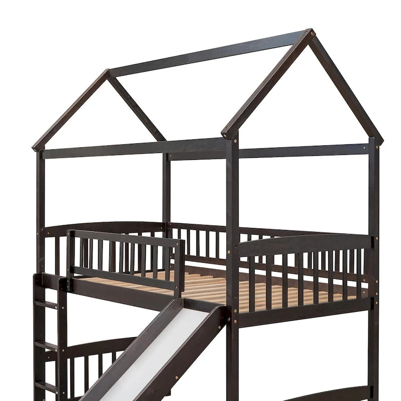 Cama alta con tobogán y valla, Cama con forma de casa con tobogán