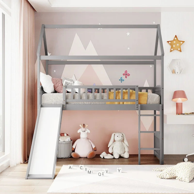 Cama alta con tobogán y valla, Cama con forma de casa con tobogán