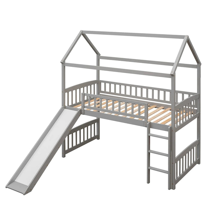 Cama alta con tobogán y valla, Cama con forma de casa con tobogán
