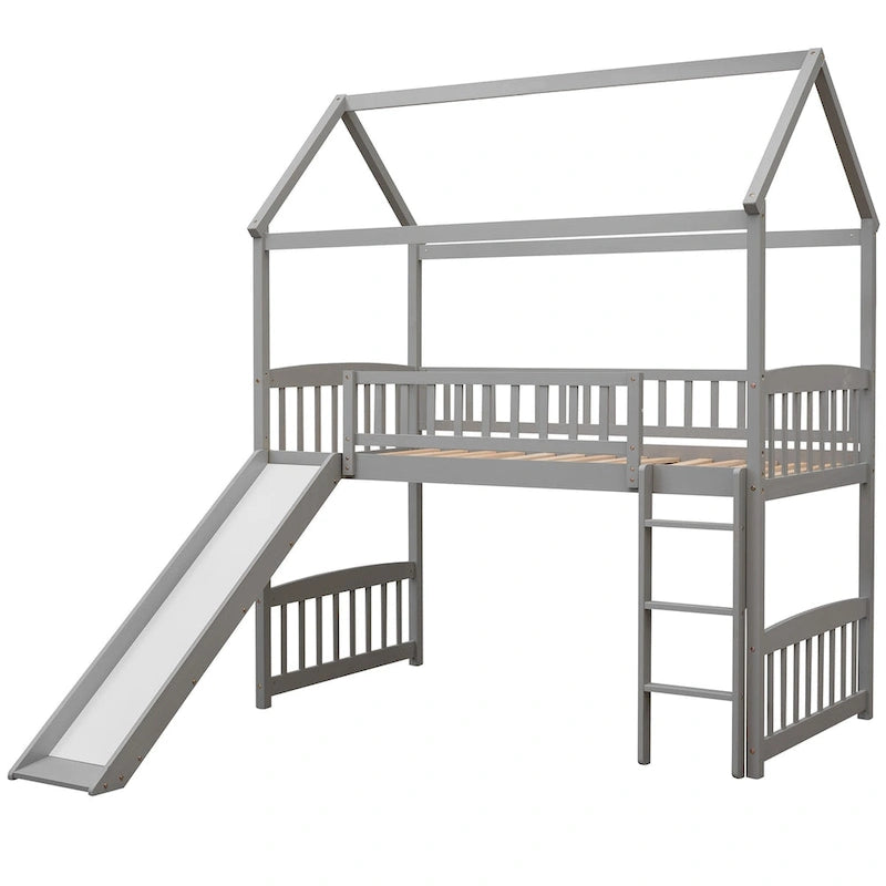Cama alta con tobogán y valla, Cama con forma de casa con tobogán